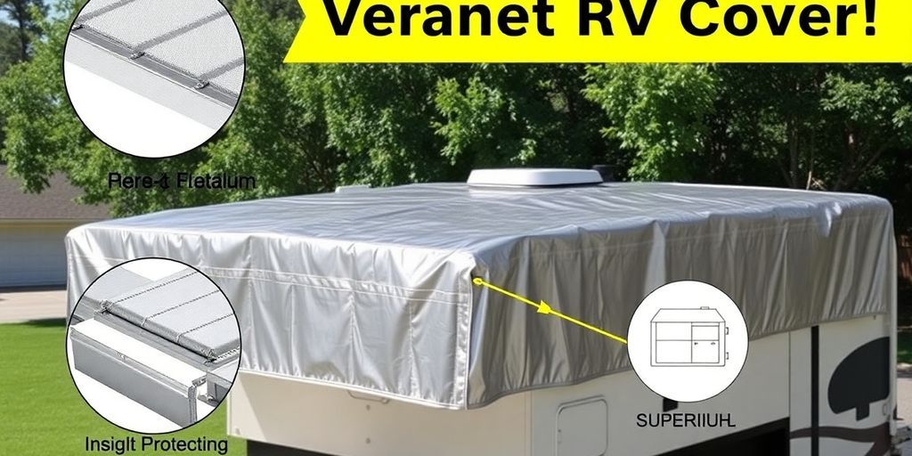 Shiny metal RV cover protecting a recreational vehicle.