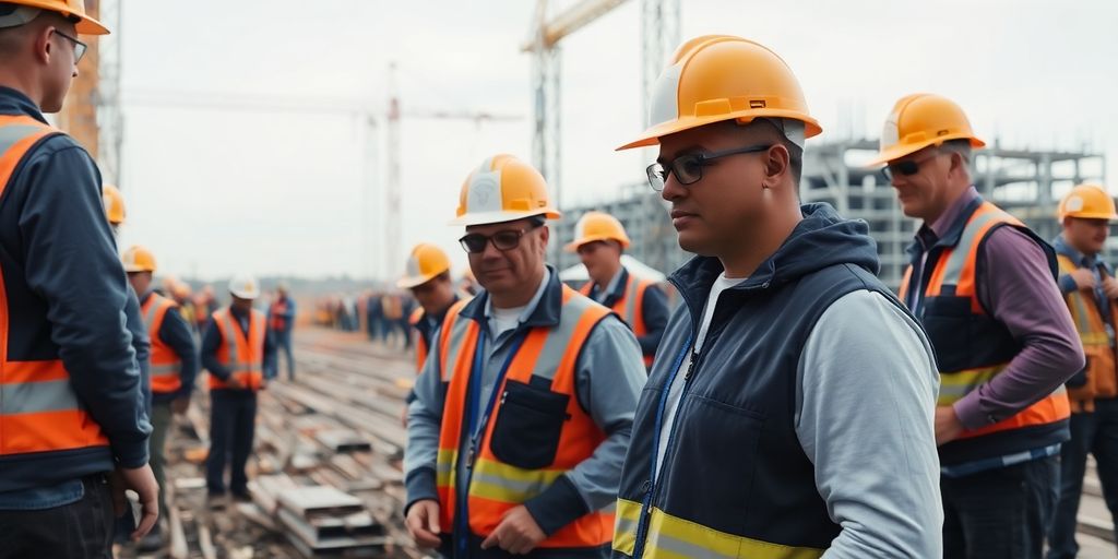 Großprojekt im Baugewerbe: Wie Zeitarbeit den Projektverlauf rettete Bauarbeiter in blauen Arbeitskleidungen helfen bei einem großen Bauprojekt.