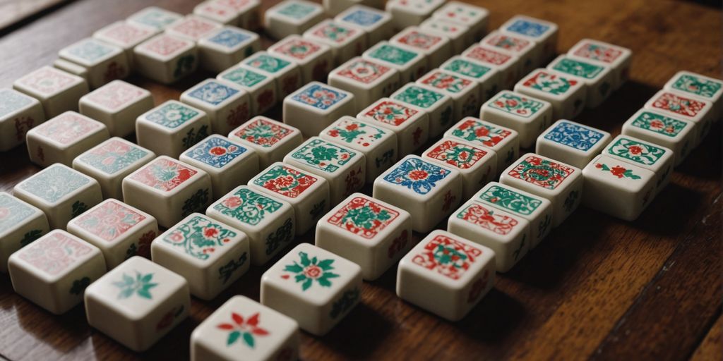 Close-up of unique Mahjong tiles with detailed designs.