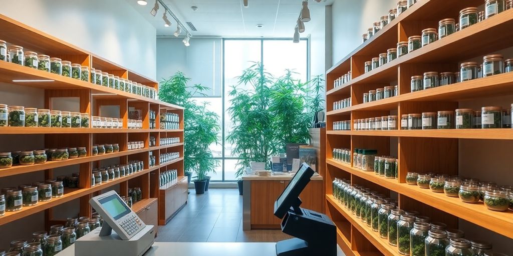 Cannabis dispensary interior, cash register, plants
