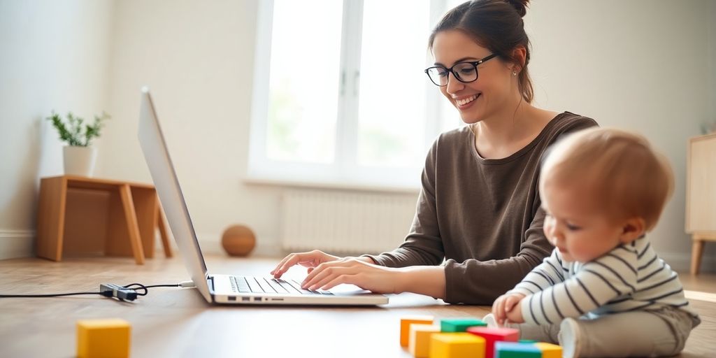 Mom working on laptop, child playing.