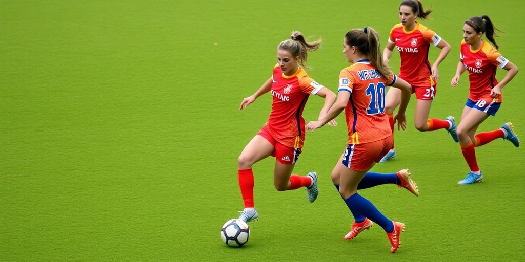 Women soccer players in action on a green field.