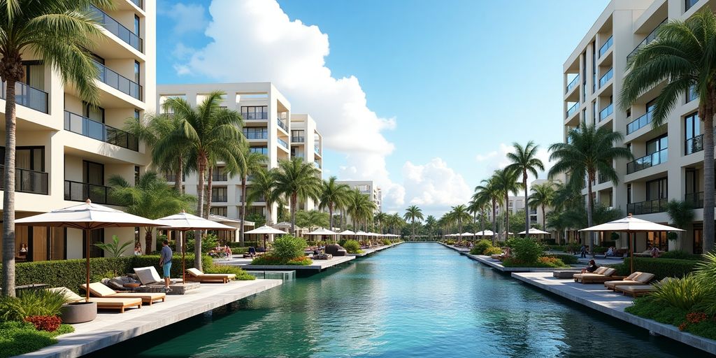 Waterfront apartments in Aventura, Florida, by the canal.