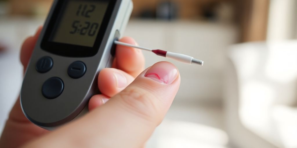 Person checking blood sugar with device.