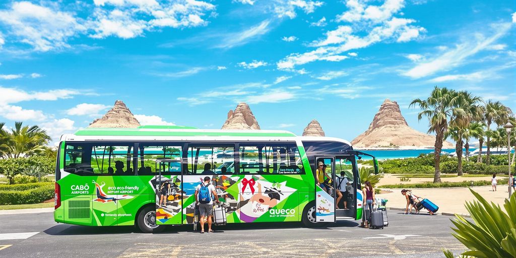 Eco-friendly shuttle bus at Cabo Airport with travelers.