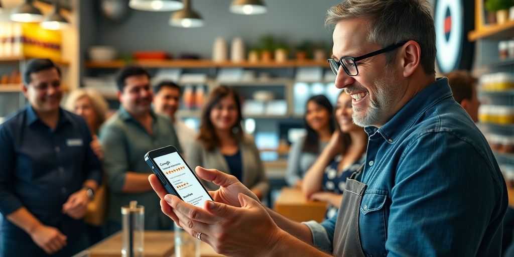 Business owner reading Google reviews with happy customers.
