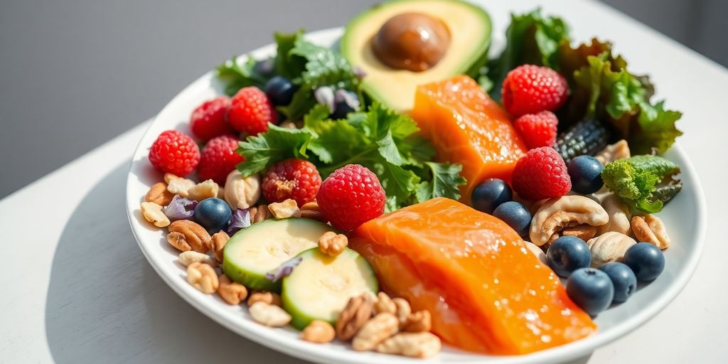 Colorful plate of healthy, stress-reducing foods.