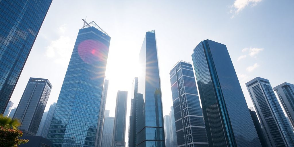 Modern Shenzhen office buildings against a clear sky.