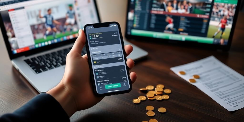 Laptop, smartphone, scattered coins, betting slip.