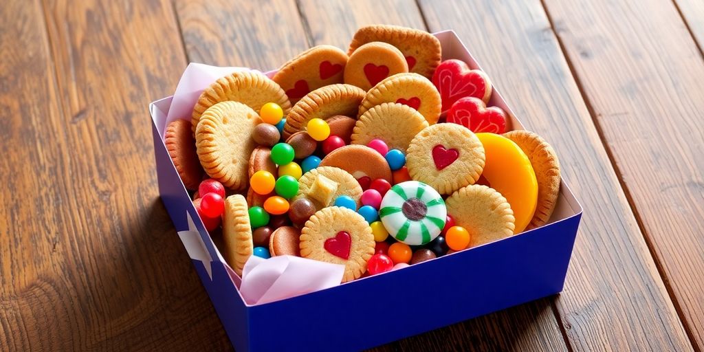 กล่องขนมที่เต็มไปด้วยขนมหวานหลากหลาย