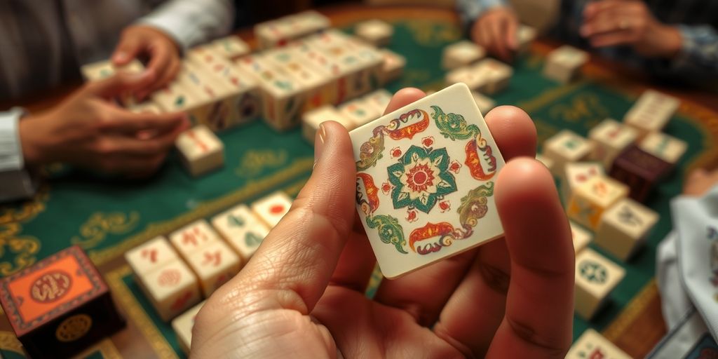 Hand holding a Mahjong tile with game setup