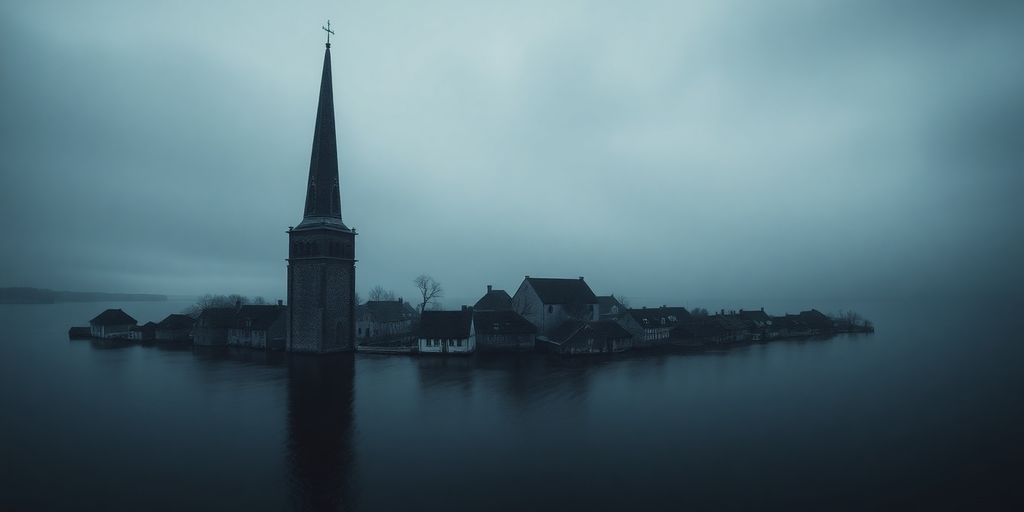 Überflutetes Dorf, Kirchturm ragt aus See.
