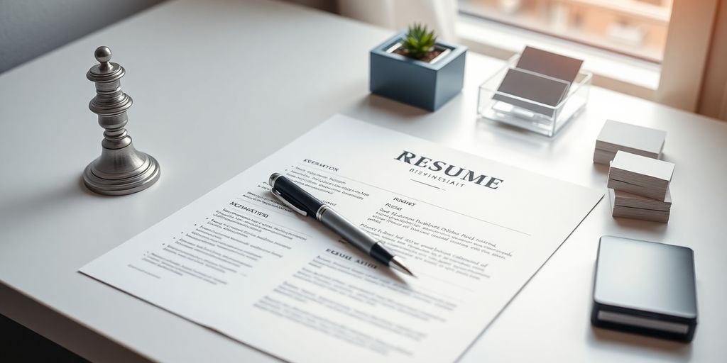 Polished resume, organized desk, professional items.