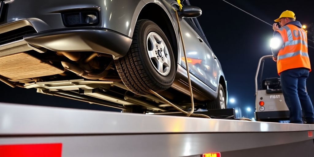 Car getting towed on flatbed truck.