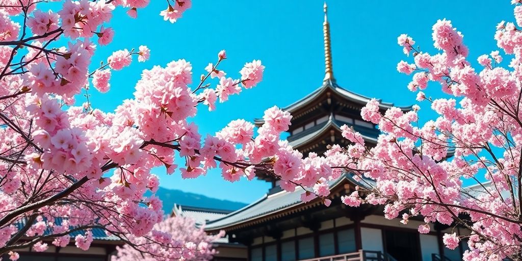 Cherry blossoms in Japan with traditional architecture.
