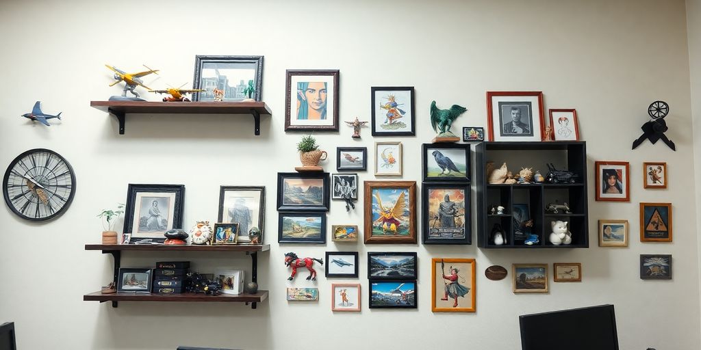 Office wall with diverse hobby items arranged neatly.