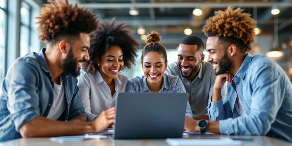 Diverse team of marketers collaborating in a modern office.