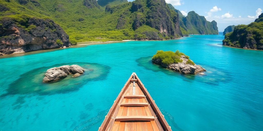 Traditional boat in turquoise waters of Komodo Islands.