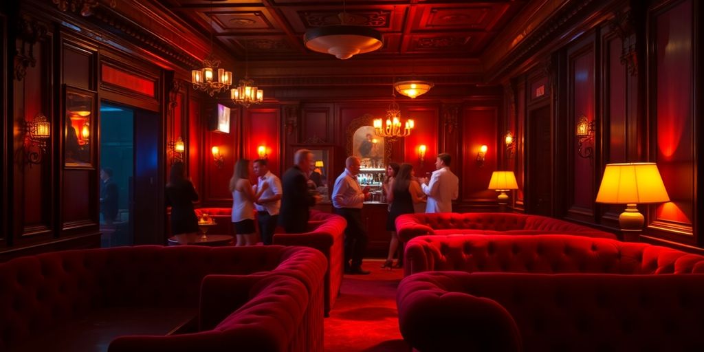 Dimly lit, vibrant, inviting swingers club interior.