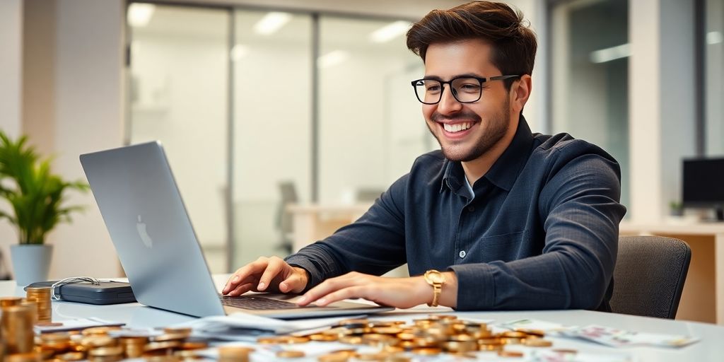 Pessoa feliz com computador e dinheiro