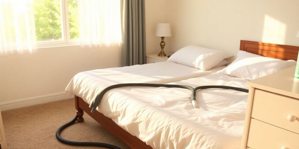 Clean bedroom with bed bug prevention items visible.