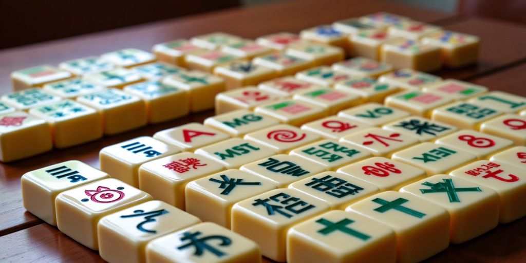 Various Mahjong tiles on a wooden table.