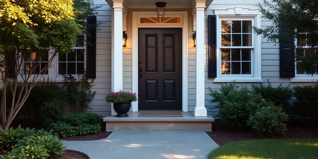 A secure home with a bright entryway and garden.