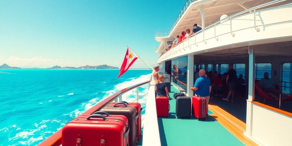 Cruise ship at sea with passengers enjoying the deck.