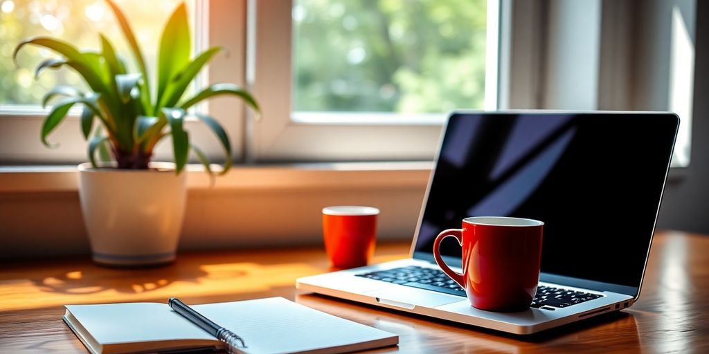 Workspace with laptop, notepad, and coffee cup.