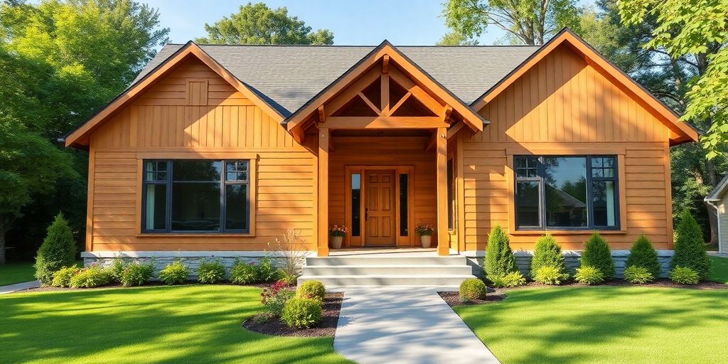 Modern home exterior with natural wood accents and large windows.