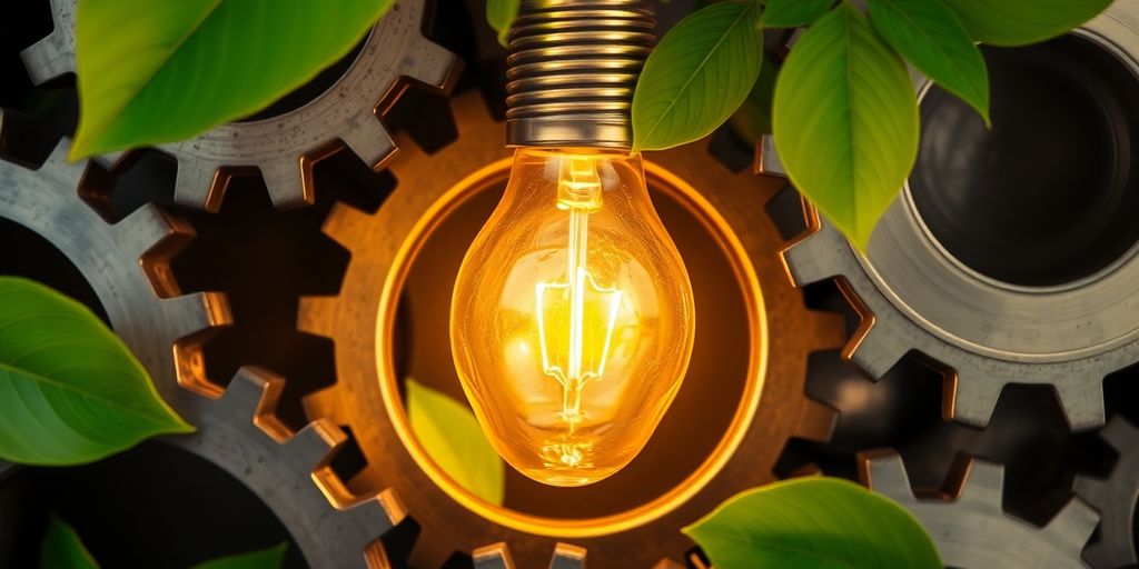 Lightbulb, gears, and green leaves.