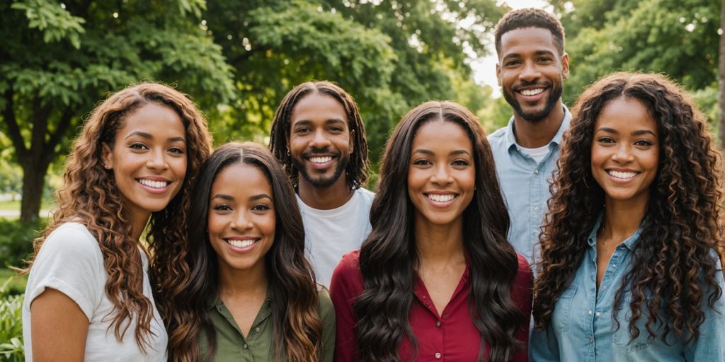 Happy people with healthy, shiny hair outdoors