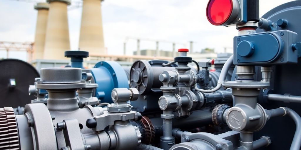 Photograph of turbine auxiliaries in a power plant.