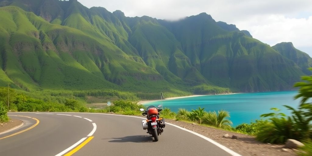 Une moto roule sur une route côtière de Raiatea.