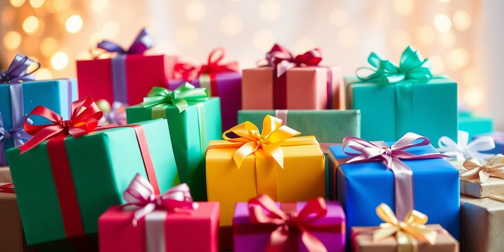 Colorful gift boxes for special occasions in a festive setting.