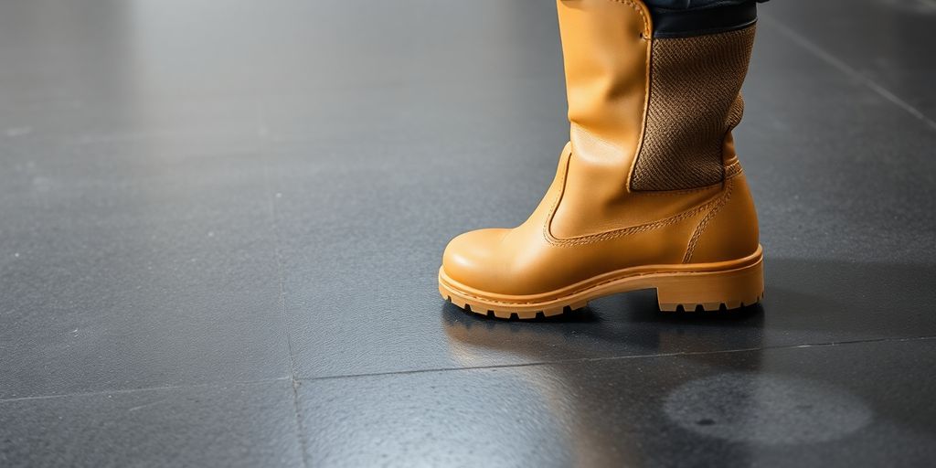 Textured epoxy floor with safety boots.