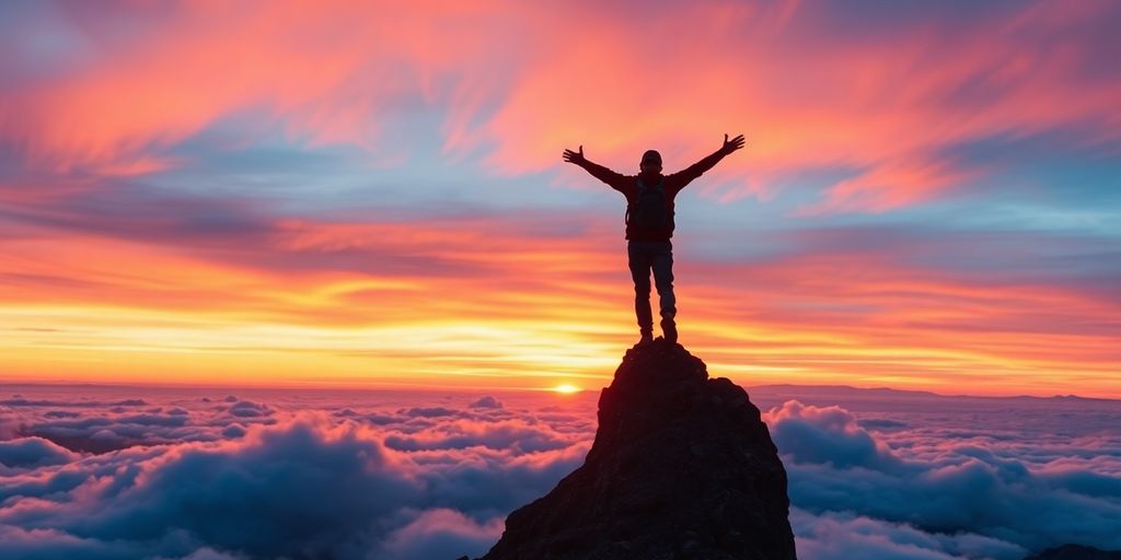 Mountain climber reaching peak, sunset backdrop.