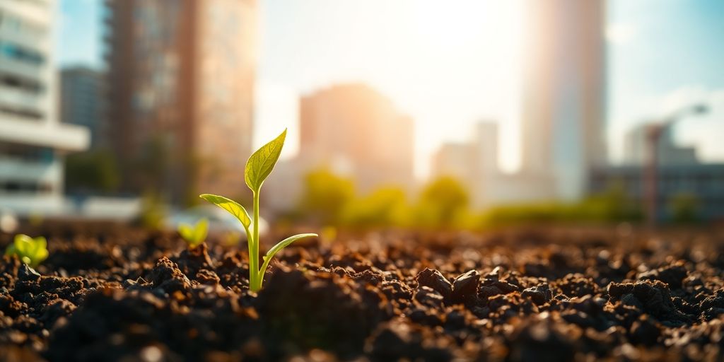 Upward trending plant growth with distant city skyline.