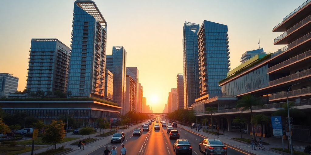 Futuristic Indian cityscape with green spaces.