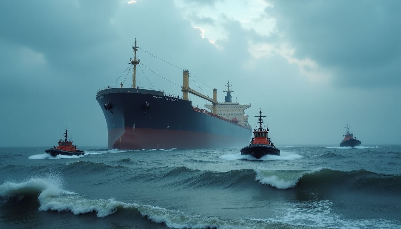 Stranded Russian oil tanker in Baltic Sea with tugboats.