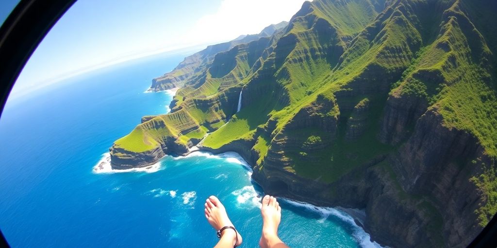 A doors-off helicopter flies above Kauai's lush green cliffs.