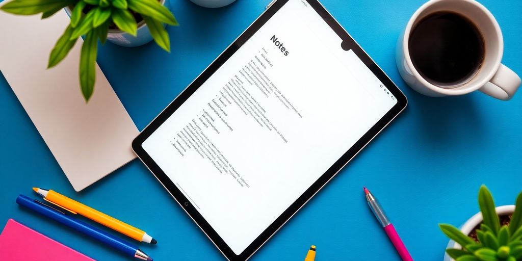 Moderne Notizen App auf einem Schreibtisch mit Pflanzen.