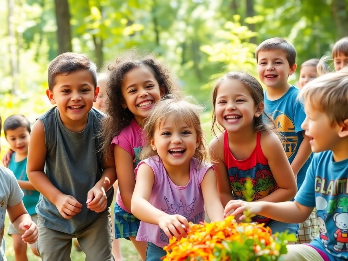 Grup de copii bucurosi la activități de tabără.