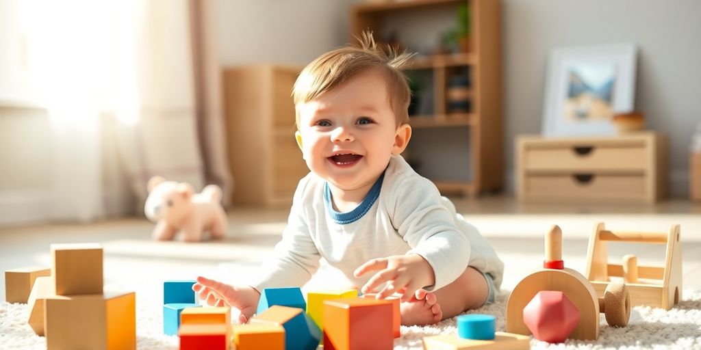 Brinquedos para Crianças de 2 Anos 7 Criança sorridente brincando com brinquedos educativos coloridos.