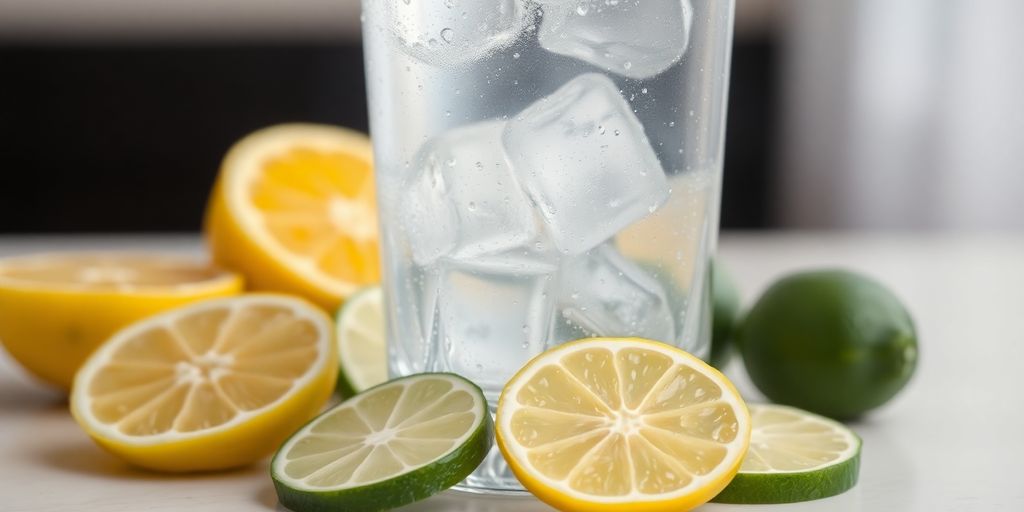 Sparkling water glass, fresh fruit, vibrant condensation.