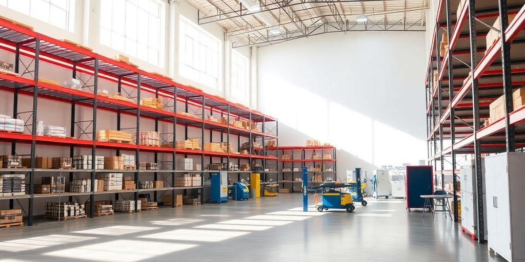 Interior of Gratton warehouse with organized shelves and sunlight.