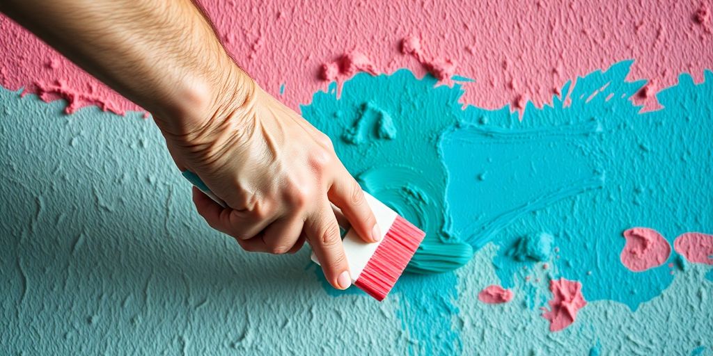 Painter applying vibrant paint to a wall surface.