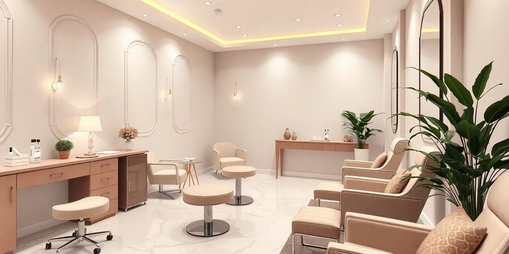 Interior de um spa de unhas tranquilo e elegante.