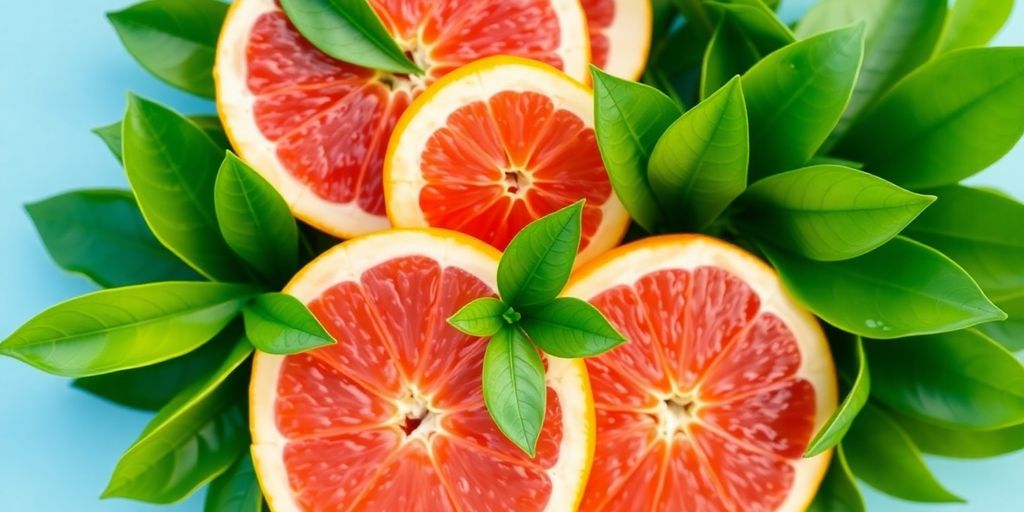 Bright grapefruit slices and leaves on a white background.