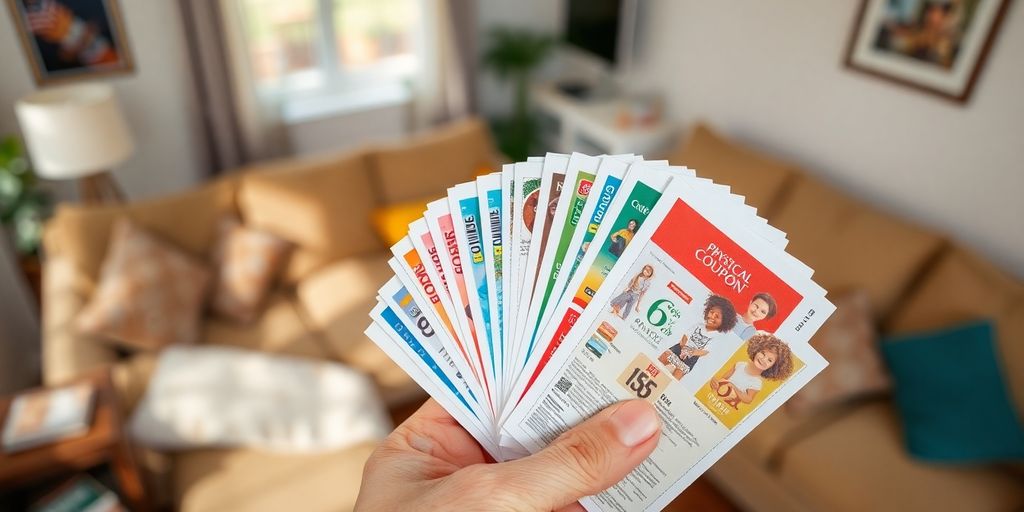 Hand holding a stack of At Home coupons.